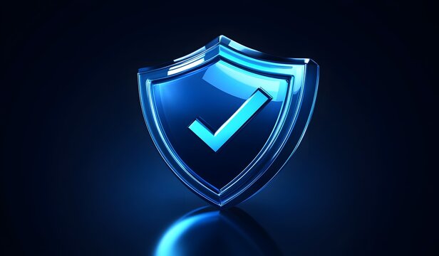 Blue security shield with a checkmark icon on a dark blue background, vector illustration design. Cyber layer for website banner and web layout - Powered by Adobe