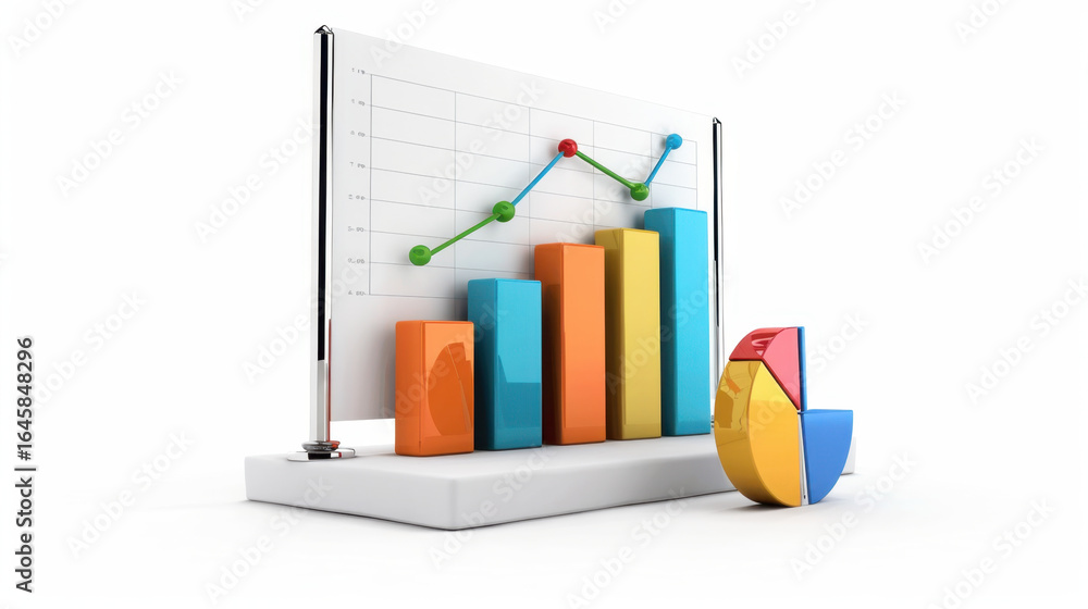 Aufkleber business presentation features colorful bar graph and pie chart, showcasing data analysis and trends