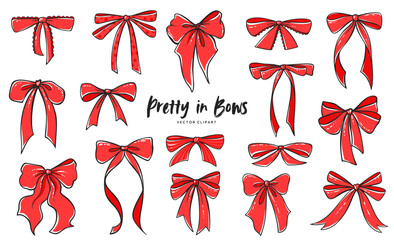 Vintage Coquette Bows in Hand-Drawn Whimsical Style Ribbon Set, Cute Flirtatious Bows Clipart Collection