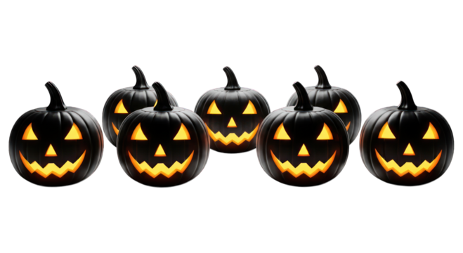 Glowing pumpkins with carved faces, Halloween display