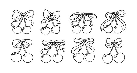Cherry Bow Coquette Ribbon Vector Icons with Cute Heart Shapes and Girly Pink Drawing. Romantic Cherry Symbol