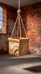 Brown paper bag hanging from rope on brick wall