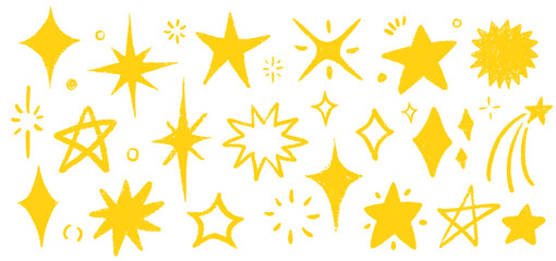 Crayon Star and Moon Doodle Set in Hand-Drawn Style. Includes Spark Yellow Stars