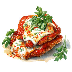 Watercolor vector illustration of Chicken Parmigiana, isolated on white background.