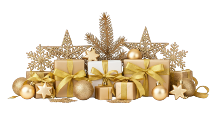 Gold gifts, ornaments, stars, & snowflakes for a festive Christmas celebration