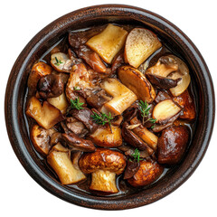 Savory Mushroom Medley with Potatoes in a Rustic Bowl, Perfect for Comfort Food Lovers on transparent background