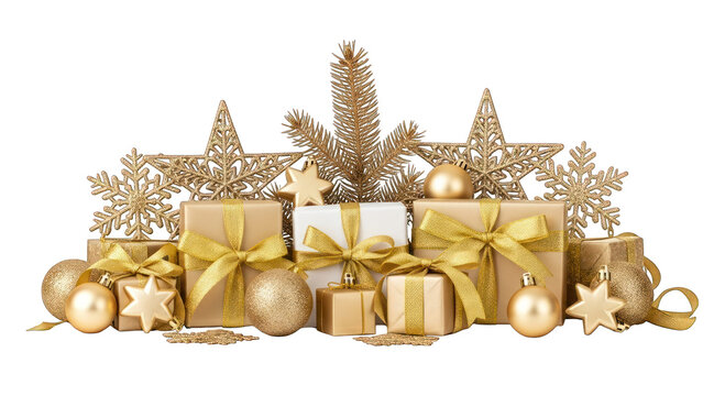 Gold gifts, ornaments, stars, & snowflakes for a festive Christmas celebration