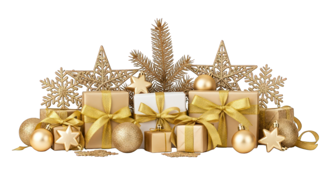 Gold gifts, ornaments, stars, & snowflakes for a festive Christmas celebration