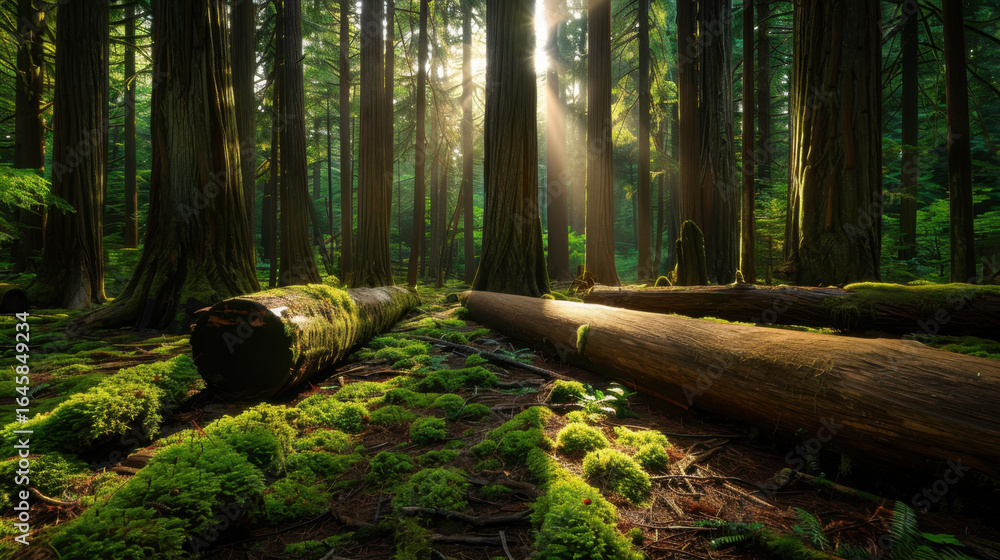 Poster serene forest scene featuring tall trees with sunlight filtering through canopy, illuminating fallen
