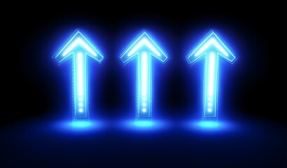 Blue arrow pointing up, digital technology background with light lines and dots, representing growth or progress in business,