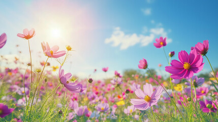 Fototapeta premium 澄んだ秋空の下に広がる満開のコスモス畑/Full bloom cosmos field under a clear autumn sky