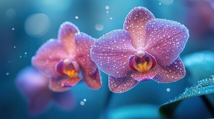 Two purple orchids on blue background: blurred edges, yellow stamens, elegant soft atmosphere, for wallpaper, mobile and social media designs