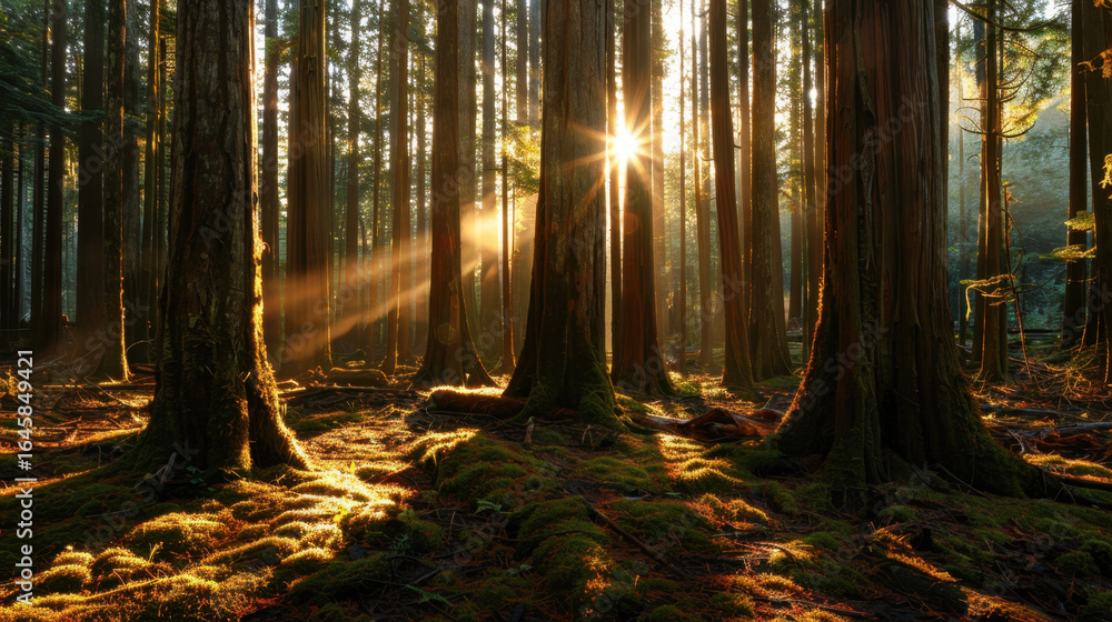 Poster dense forest with sunlight filtering through tall trees, creating serene and magical atmosphere. int