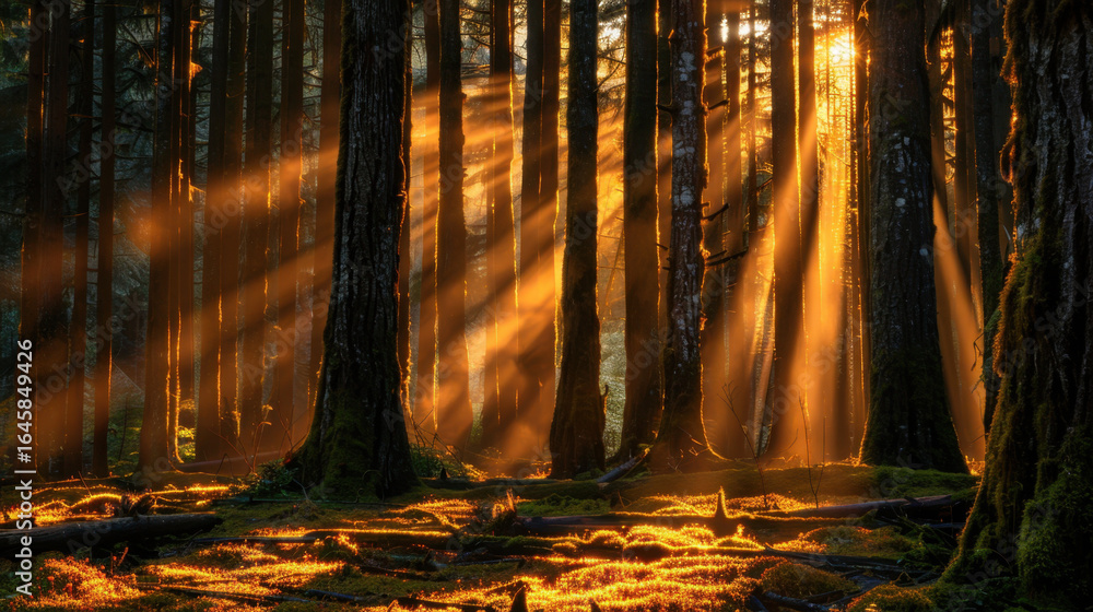 Poster dense forest with sunlight filtering through tall trees, creating magical atmosphere. warm rays illu