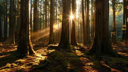 Obraz premium Dense forest with sunlight filtering through tall trees, creating serene and magical atmosphere. interplay of light and shadow enhances beauty of nature, inviting tranquility and reflection