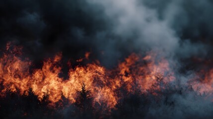 Raging forest wildfire with intense flames and thick smoke