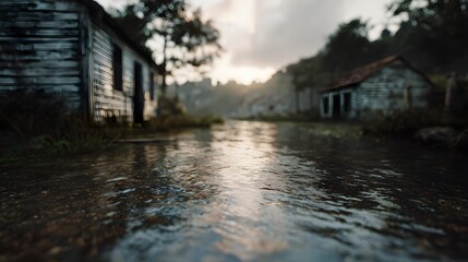 Fototapeta premium Flooded village after heavy rain in a climate disaster setting