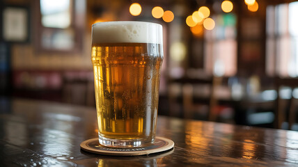 Refreshing Pint of Beer on a Wooden Bar Top in a Warmly Lit Pub Environment with a Relaxing Atmosphere