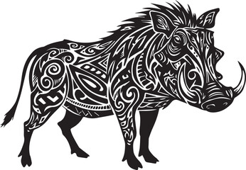 Stylized Warthog with Intricate Tribal Patterns in Black and White wild pig animal