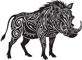 Stylized Warthog Graphic with Black Tribal Motifs on a White Background wild boar animal
