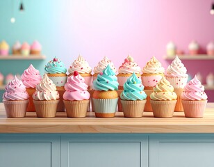 Row of colorful cupcakes on a wooden counter in a pastel-toned shop
