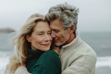 Romantic couple embracing by the ocean