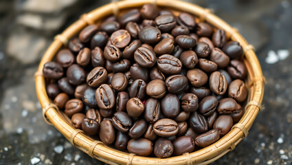 Fototapeta premium Fresh Roasted Coffee Beans in Basket | Aromatic Espresso Blend
