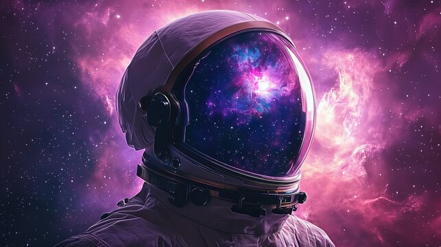 astronaut's helmet reflects a vibrant nebula. Astronaut Contemplating Cosmic Nebula