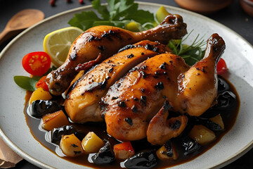 Gourmet Roasted Chicken with a Dark Sauce, Prunes, and Potatoes