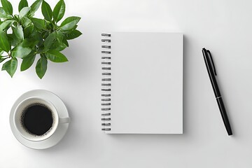 Minimalist Workspace Top View of Notebook, Pen, Coffee Cup, and Green Plant on White Table