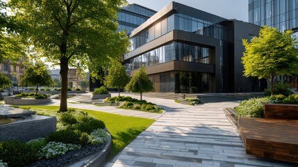 Modern architectural landscape of a new building with trees bushes pavers and grass on a sunny day.
