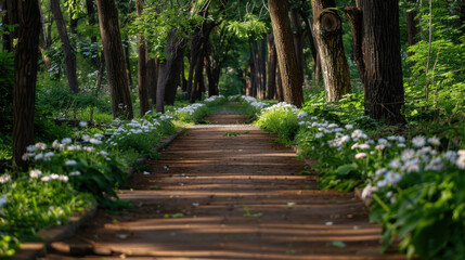 Obraz premium Serene forest path surrounded by lush greenery and flowering shrubs creates peaceful atmosphere for leisurely stroll. sunlight filters through trees, enhancing natural beauty