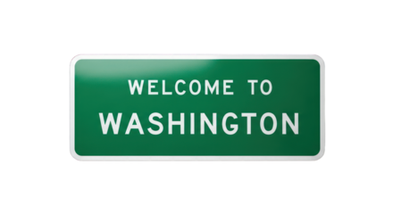 Green sign reads "WELCOME TO WASHINGTON". Clean, simple design on a black background