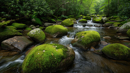 Fototapeta premium Serene forest river flows gently over moss covered boulders, surrounded by lush greenery and vibrant foliage, creating tranquil and peaceful atmosphere