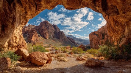 Red rock archway, desert landscape.