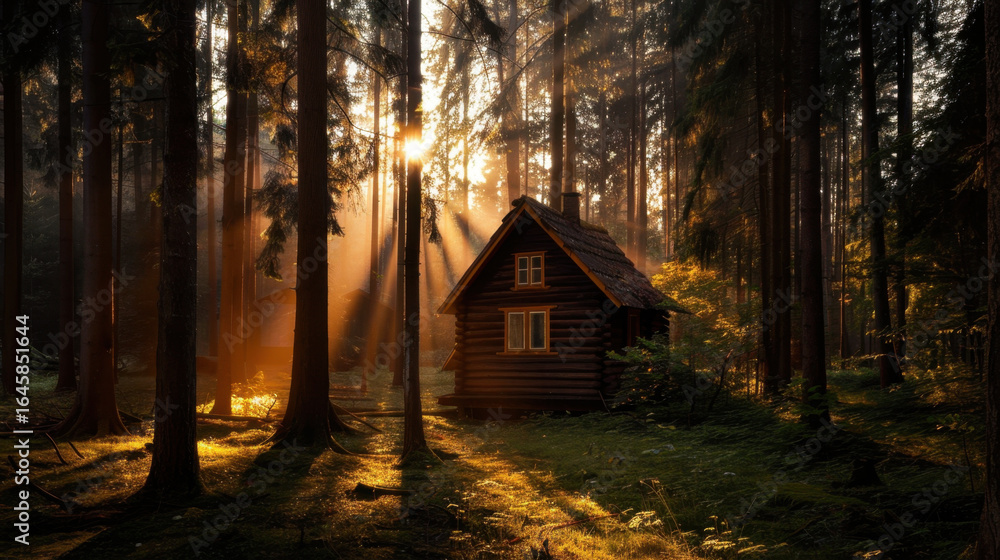 Poster serene forest scene featuring small wooden cabin surrounded by tall trees, illuminated by soft sunli