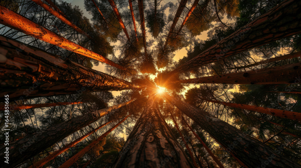 Poster serene forest scene with tall, straight pine trees reaching towards sky, illuminated by warm glow of