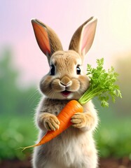 Cute rabbit holding a carrot.  Soft focus, pastel colors