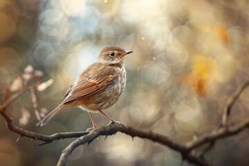 Small brown bird on branch autumn bokeh