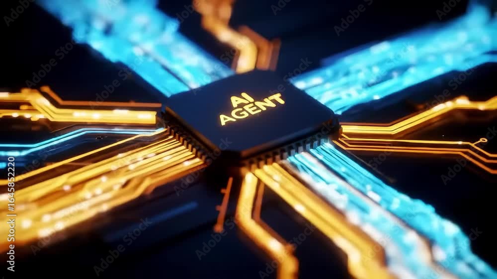 Poster futuristic ai agent processor core glowing neon lines abstract technology visualization
