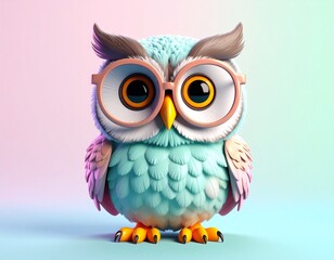 Cute, stylized owl in pastel colors, wearing glasses