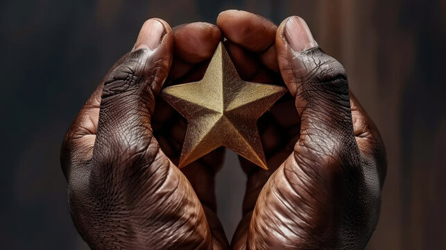 Golden star trophy held in hands symbolizes achievement and success, radiating pride and joy. This captures essence of recognition and accomplishment