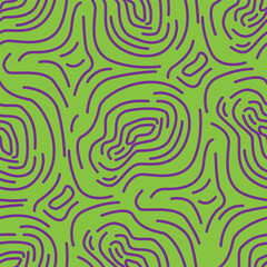 Seamless abstract pattern with organic purple curved lines on bright green background. Modern geometric texture for textiles, wallpapers, packaging, and digital designs.