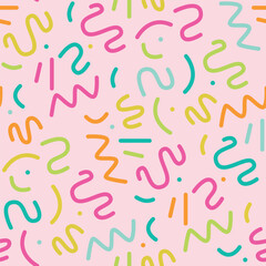 Seamless abstract pattern with colorful curved lines and dots on light pink background. Playful geometric texture for textiles, wallpapers, wrapping paper, and digital design.