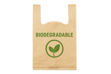 Biodegradable plastic bag promoting environmental awareness with transparent background