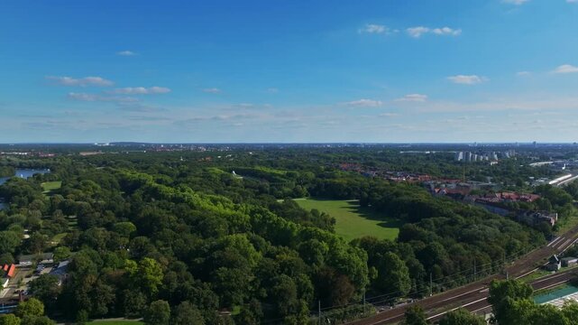 Aerial drone view of the Soviet War Memorial Treptow in Berlin, Germany &ndash; monumental WWII memorial complex with statue, cemetery, and Treptower Park seen from above. 10 September 2024