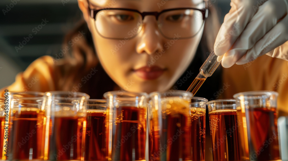 Poster laboratory worker pipetting liquid into test tubes, focused on precision and accuracy. scene capture