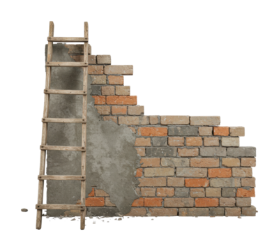 Constructing a brick wall with wooden ladder construction site indoor environment side diy concept. Cut out png