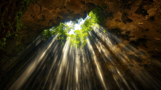 Stunning view of sunlight streaming through natural opening in rocky cave, illuminating lush green foliage. interplay of light and shadow creates serene and tranquil atmosphere