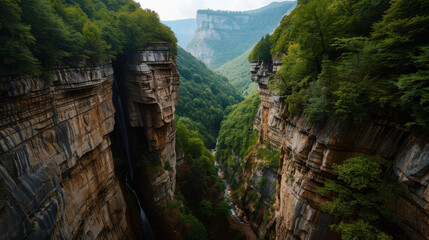 Lush green mountains surround deep canyon with steep cliffs and flowing river at bottom, creating serene and breathtaking natural landscape